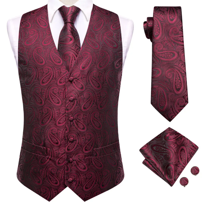 Ties2you Burgundy Paisley Pattern V-Neck Silk Vest Necktie Set sold by Ties2You
