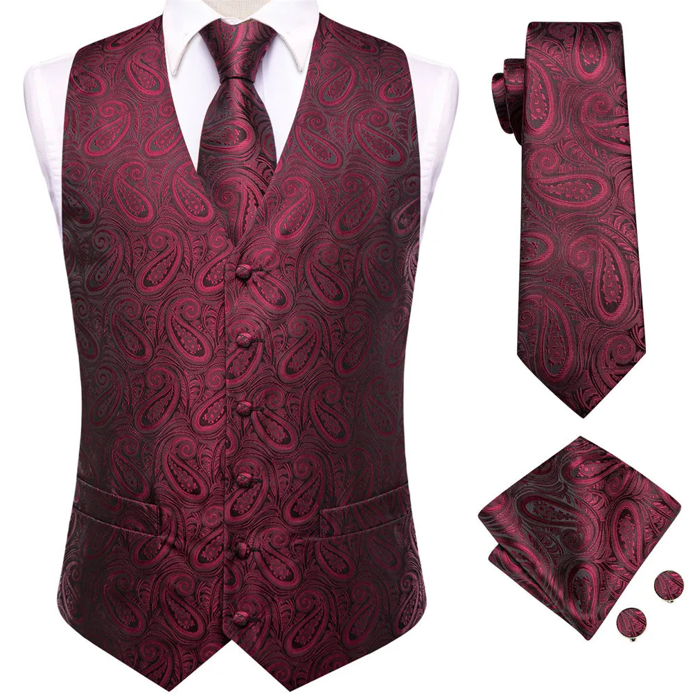 Ties2you Burgundy Paisley Pattern V-Neck Silk Vest Necktie Set sold by Ties2You