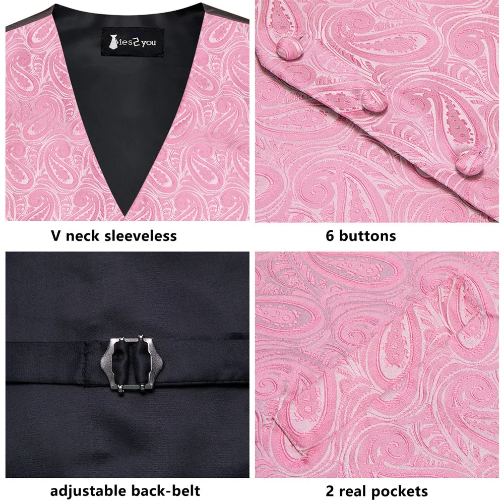 Ties2you Pink Paisley Pattern V-Neck Silk Vest Necktie Set sold by Ties2You product image thumbnail 2