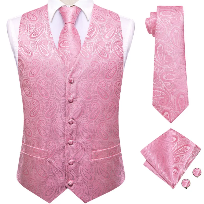 Ties2you Pink Paisley Pattern V-Neck Silk Vest Necktie Set sold by Ties2You