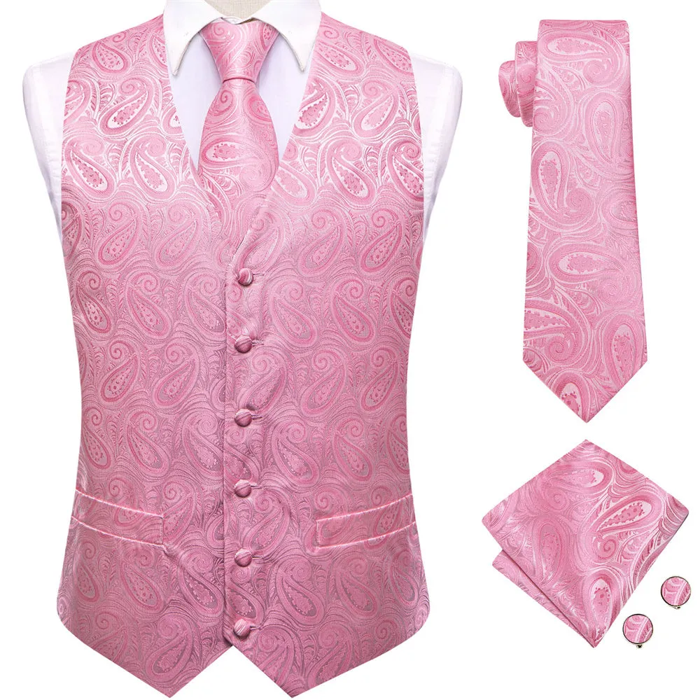 Ties2you Pink Paisley Pattern V-Neck Silk Vest Necktie Set sold by Ties2You