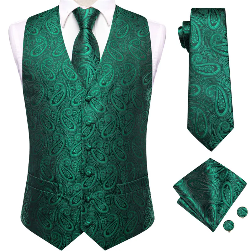 Ties2you Green Paisley Pattern V-Neck Silk Vest Necktie Set sold by Ties2You