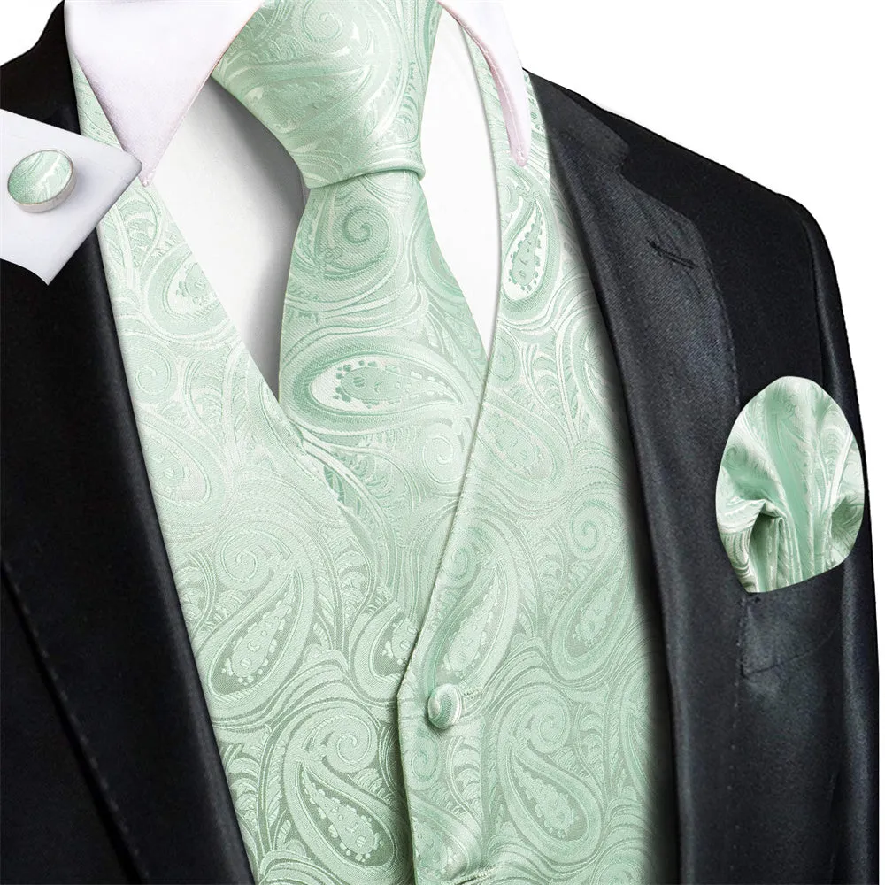 Ties2you Light Green Paisley Pattern V-Neck Silk Vest Necktie Set sold by Ties2You product image thumbnail 3