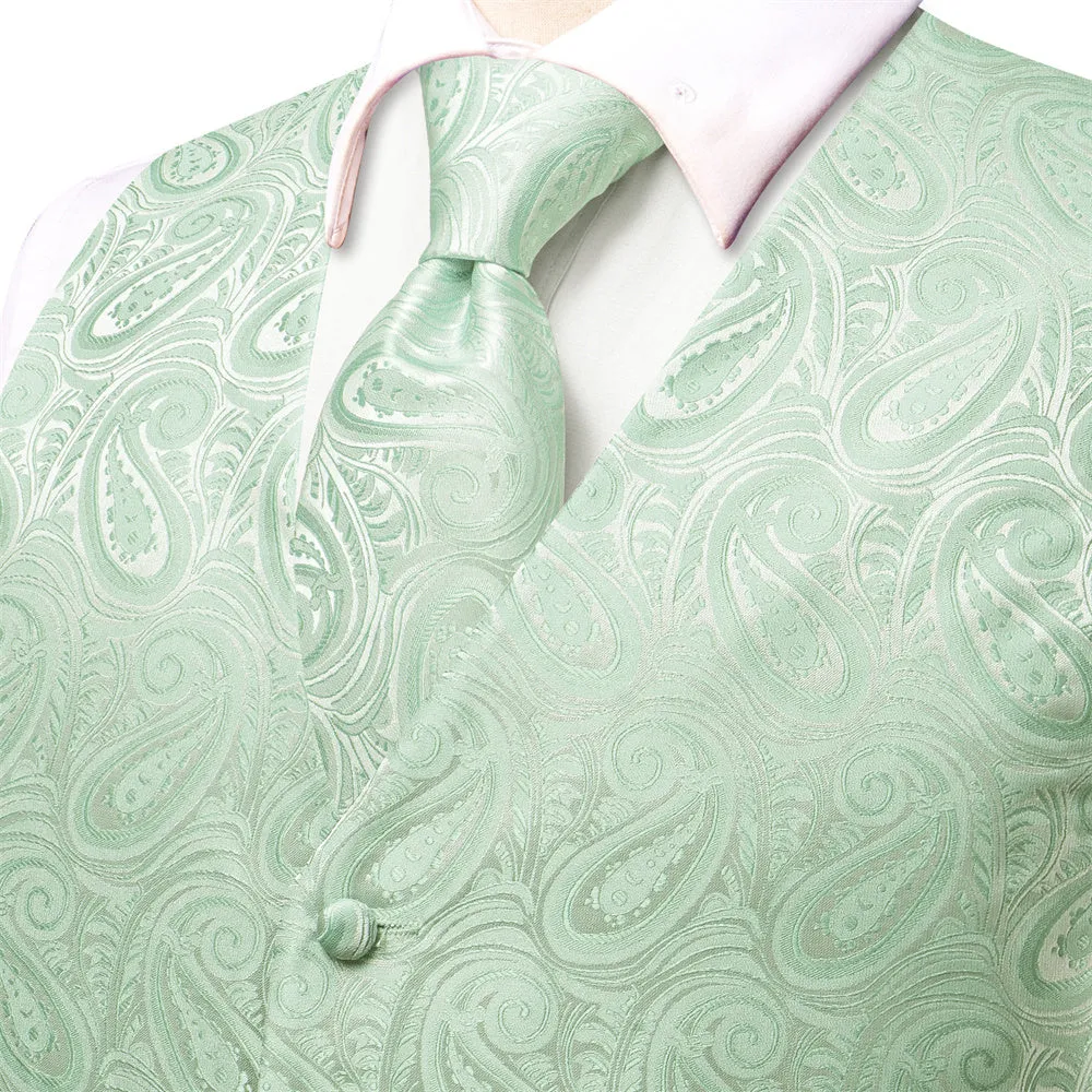 Ties2you Light Green Paisley Pattern V-Neck Silk Vest Necktie Set sold by Ties2You product image thumbnail 4