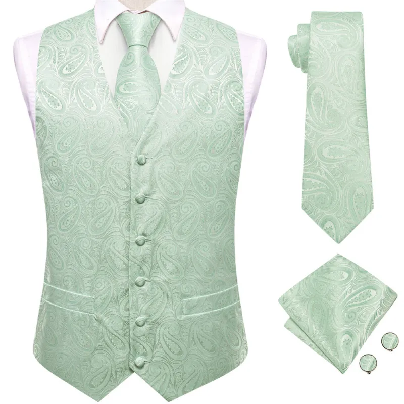 Ties2you Light Green Paisley Pattern V-Neck Silk Vest Necktie Set sold by Ties2You