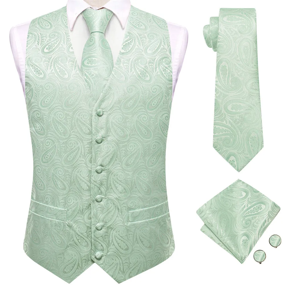 Ties2you Light Green Paisley Pattern V-Neck Silk Vest Necktie Set sold by Ties2You