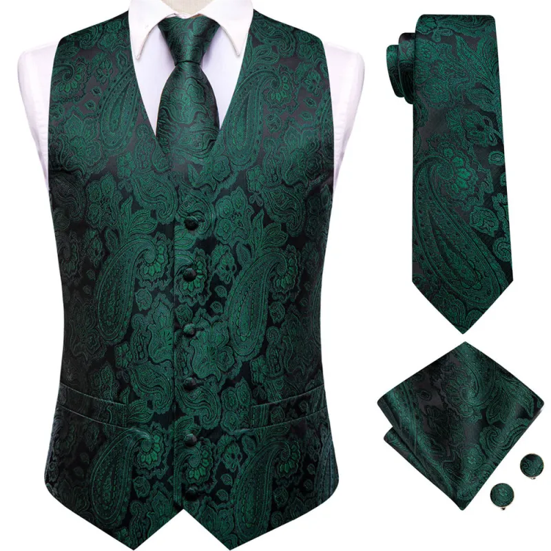 Ties2you Dark Green Paisley Pattern V-Neck Silk Vest Necktie Set sold by Ties2You