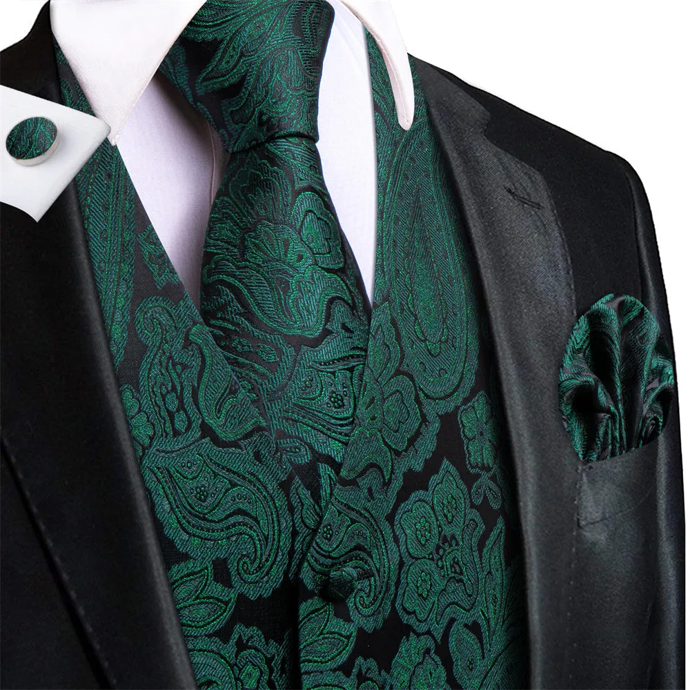 Ties2you Dark Green Paisley Pattern V-Neck Silk Vest Necktie Set sold by Ties2You product image thumbnail 2