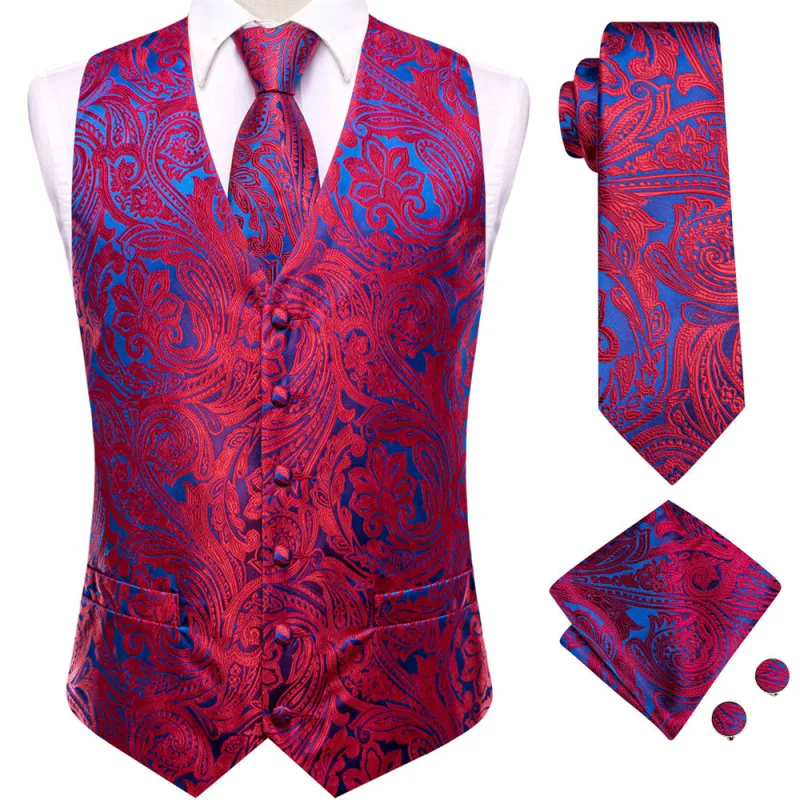 Ties2you Red Blue Floral Pattern V-Neck Silk Vest Necktie Set sold by Ties2You