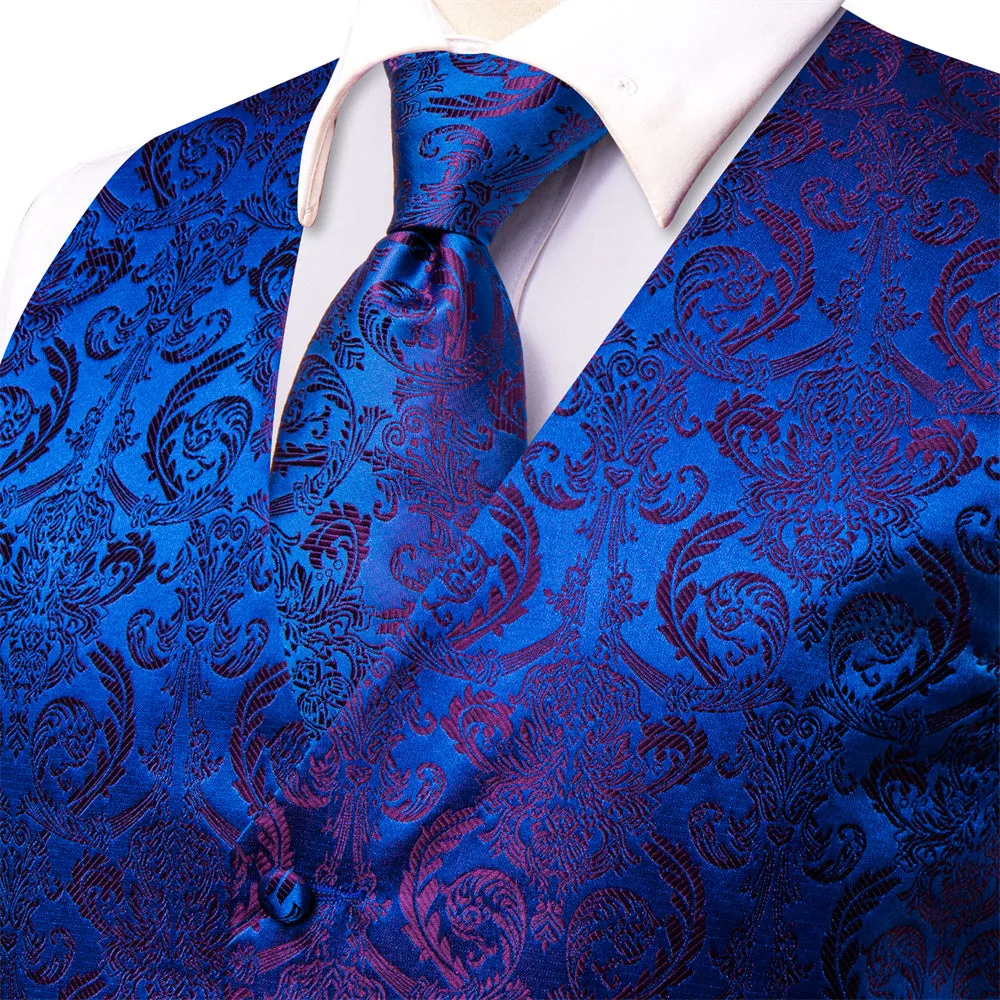 Ties2you Blue Red Floral Pattern V-Neck Silk Vest Necktie Set sold by Ties2You product image thumbnail 4