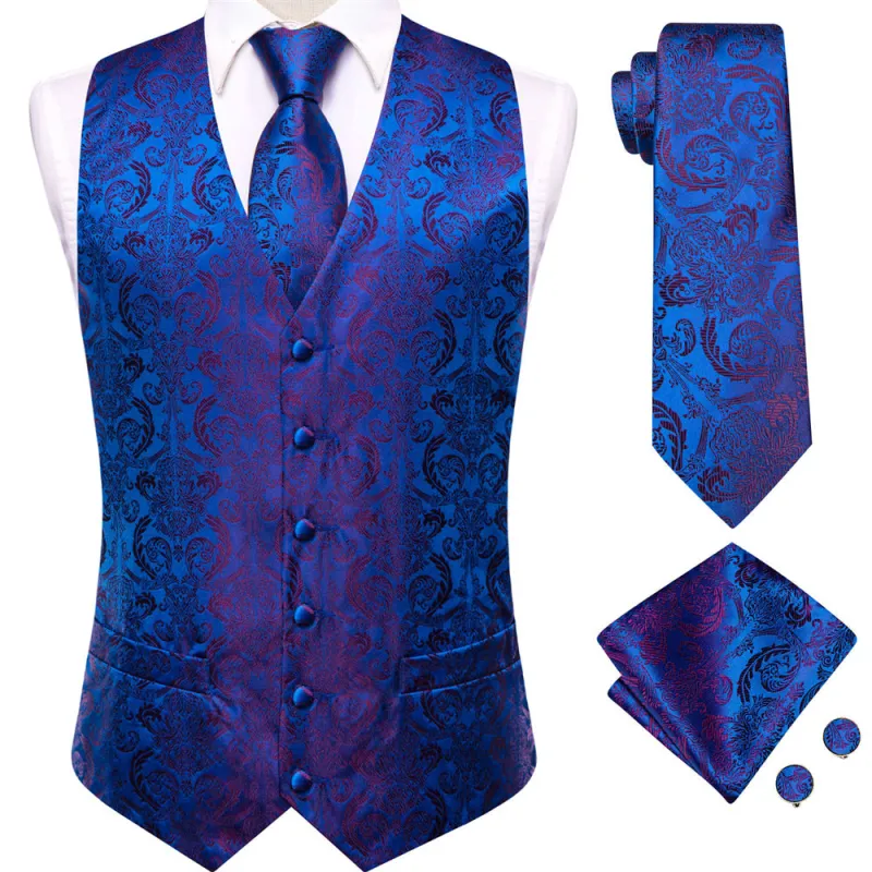 Ties2you Blue Red Floral Pattern V-Neck Silk Vest Necktie Set sold by Ties2You