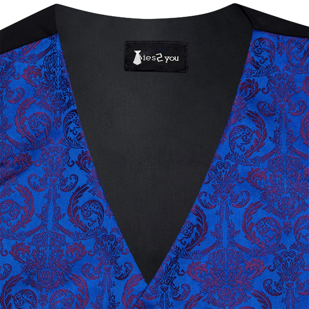 Ties2you Blue Red Floral Pattern V-Neck Silk Vest Necktie Set sold by Ties2You product image thumbnail 2