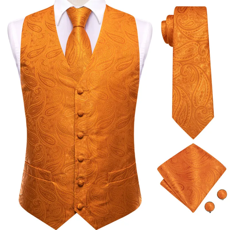 Ties2you Orange Paisley Pattern V-Neck Silk Vest Necktie Set sold by Ties2You