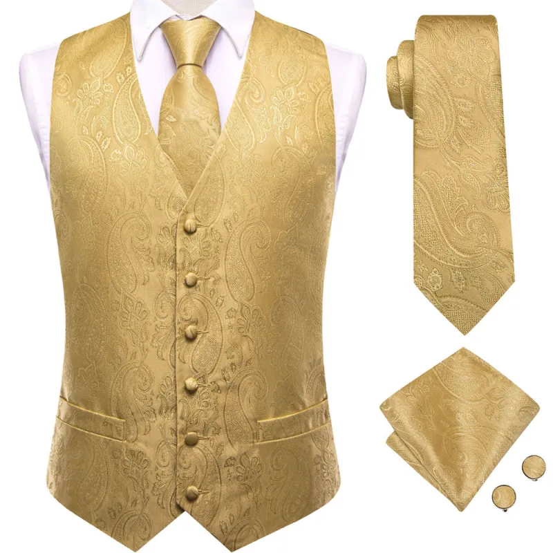 Ties2you Golden Paisley Pattern V-Neck Silk Vest Necktie Set sold by Ties2You