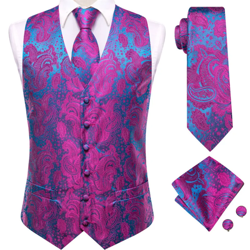 Ties2you Teal Purple Paisley Pattern V-Neck Silk Vest Necktie Set sold by Ties2You