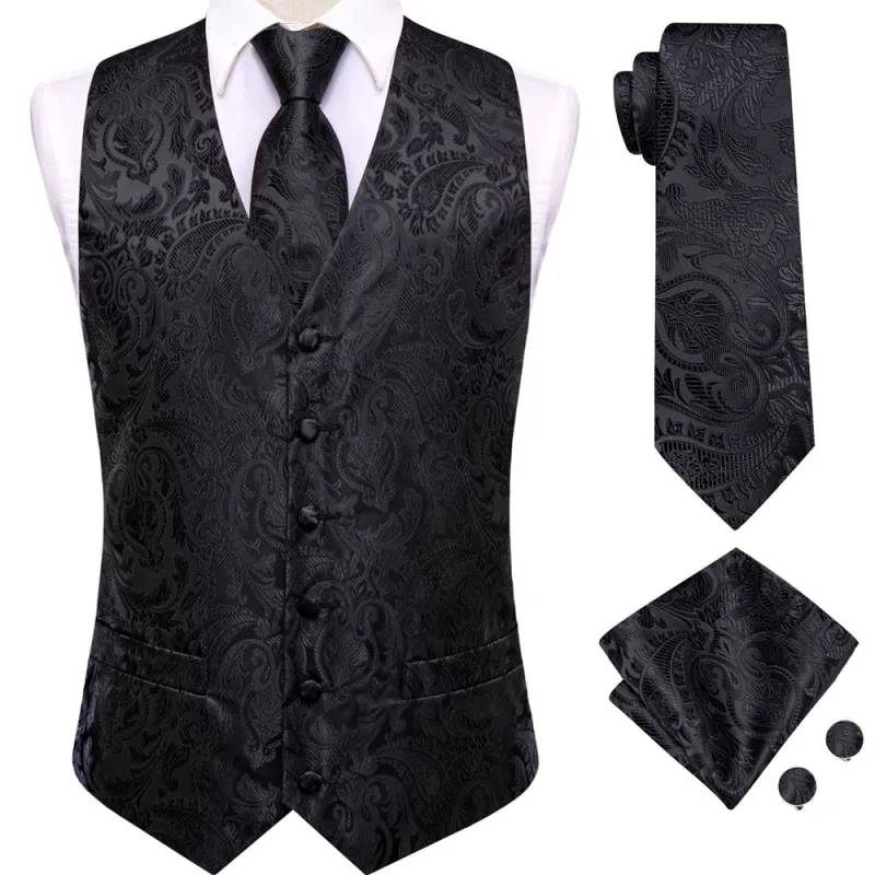 Ties2you Black Paisley Pattern V-Neck Silk Vest Necktie Set sold by Ties2You