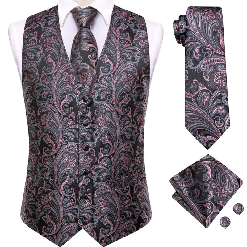 Ties2you Black Pink Floral Pattern V-Neck Silk Vest Necktie Set sold by Ties2You