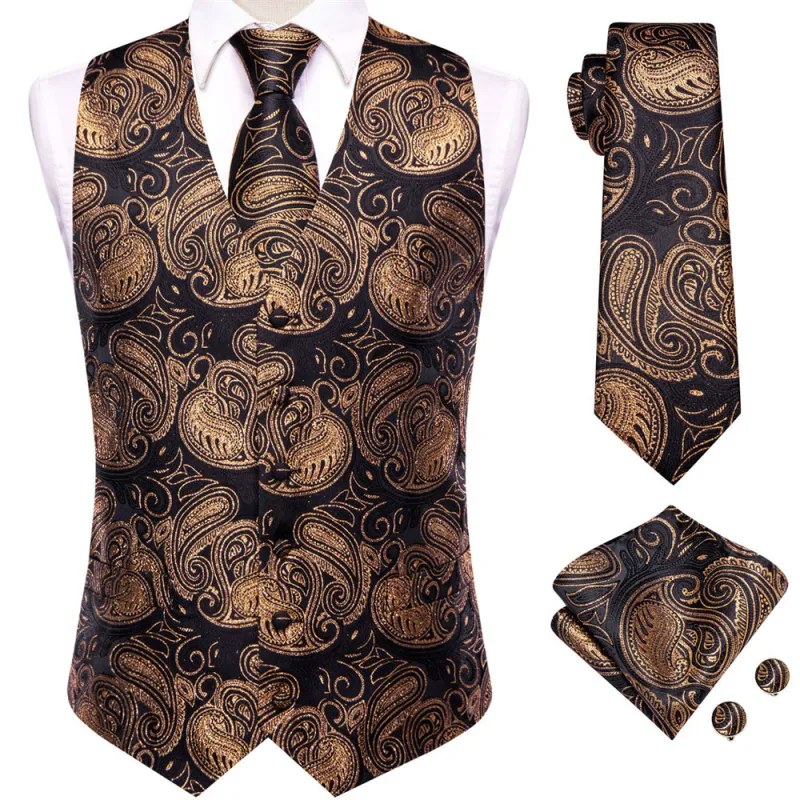 Ties2you Black Golden Paisley Pattern V-Neck Silk Vest Necktie Set sold by Ties2You