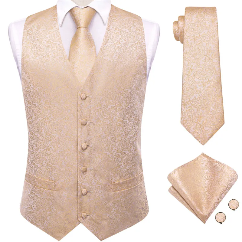 Ties2you Champagne Paisley Pattern V-Neck Silk Vest Necktie Set sold by Ties2You