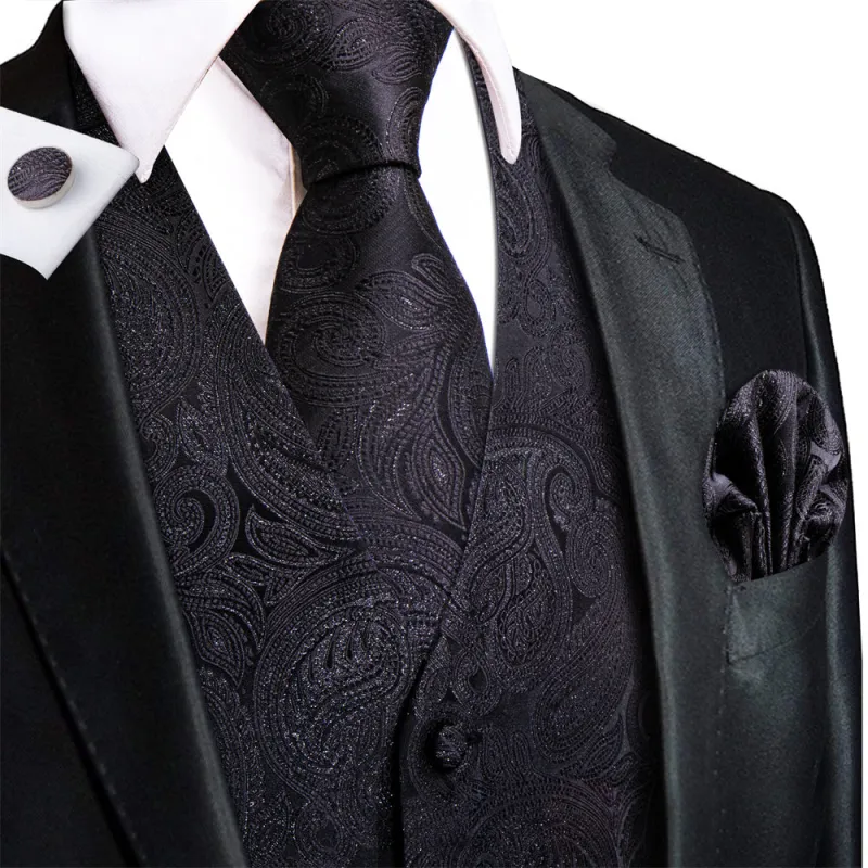 Ties2you Black Paisley Pattern V-Neck Silk Vest Necktie Set sold by Ties2You