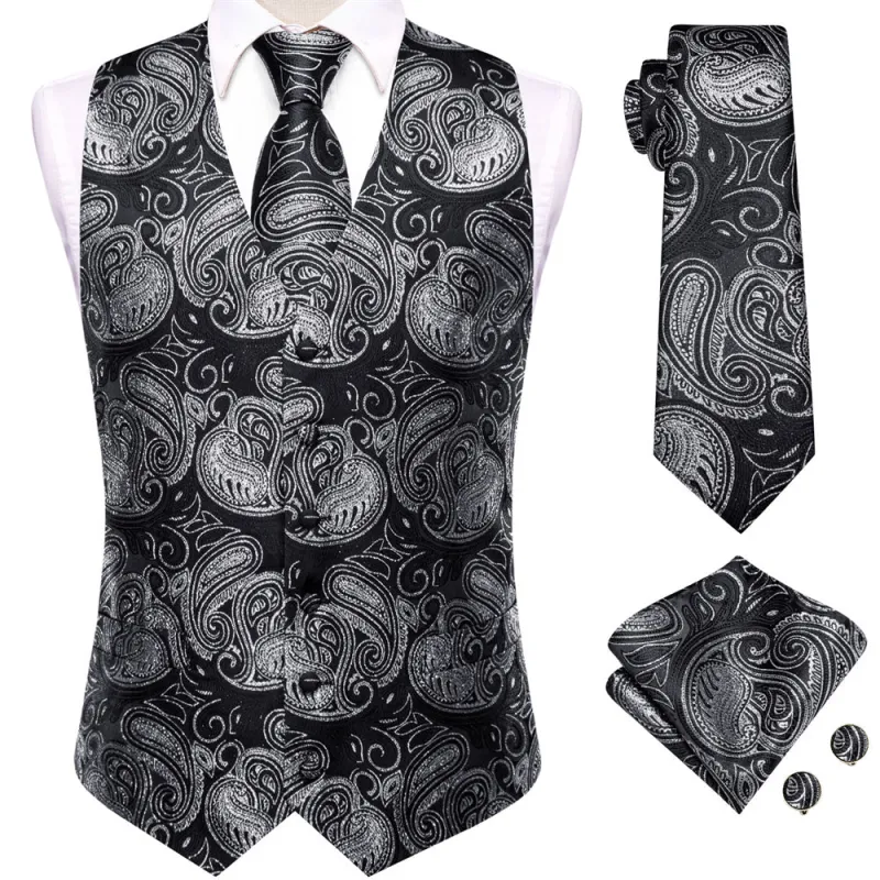Ties2you Black Silver Paisley Pattern V-Neck Silk Vest Necktie Set sold by Ties2You