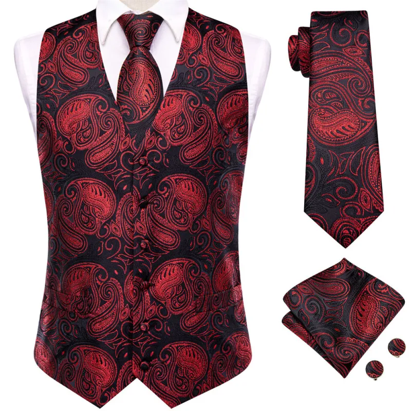 Ties2you Black Red Paisley Pattern V-Neck Silk Vest Necktie Set sold by Ties2You