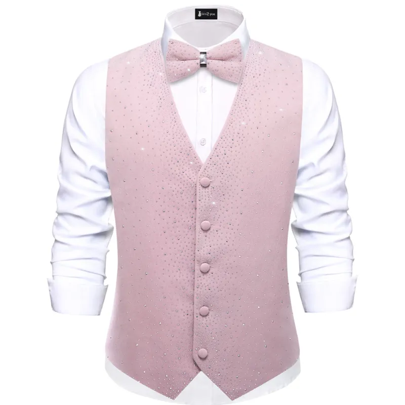 Tie2you Pink Rhinestone Solid Velvet V-Neck Mens Vest Bowtie Set sold by Ties2You
