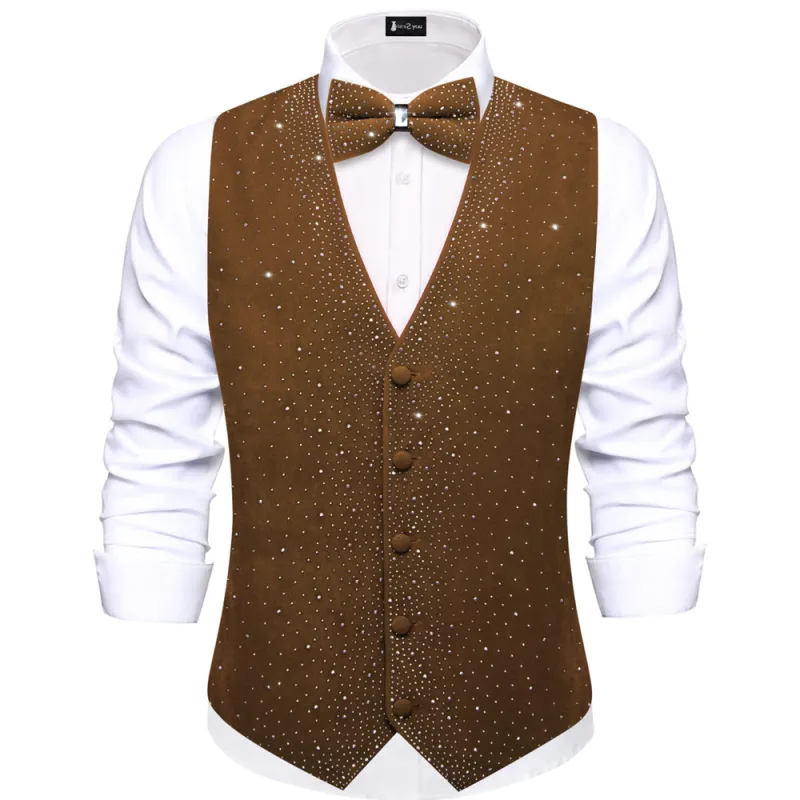 Tie2you Dark Brown Rhinestone Solid Velvet V-Neck Mens Vest Bowtie Set sold by Ties2You
