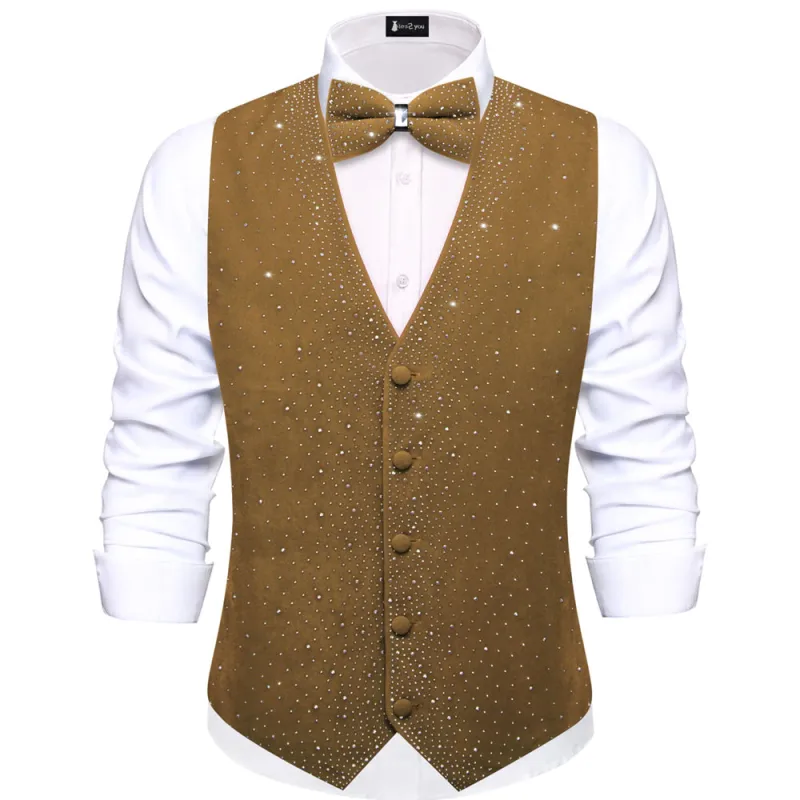 Tie2you Brown Rhinestone Solid Velvet V-Neck Mens Vest Bowtie Set made by Ties2You