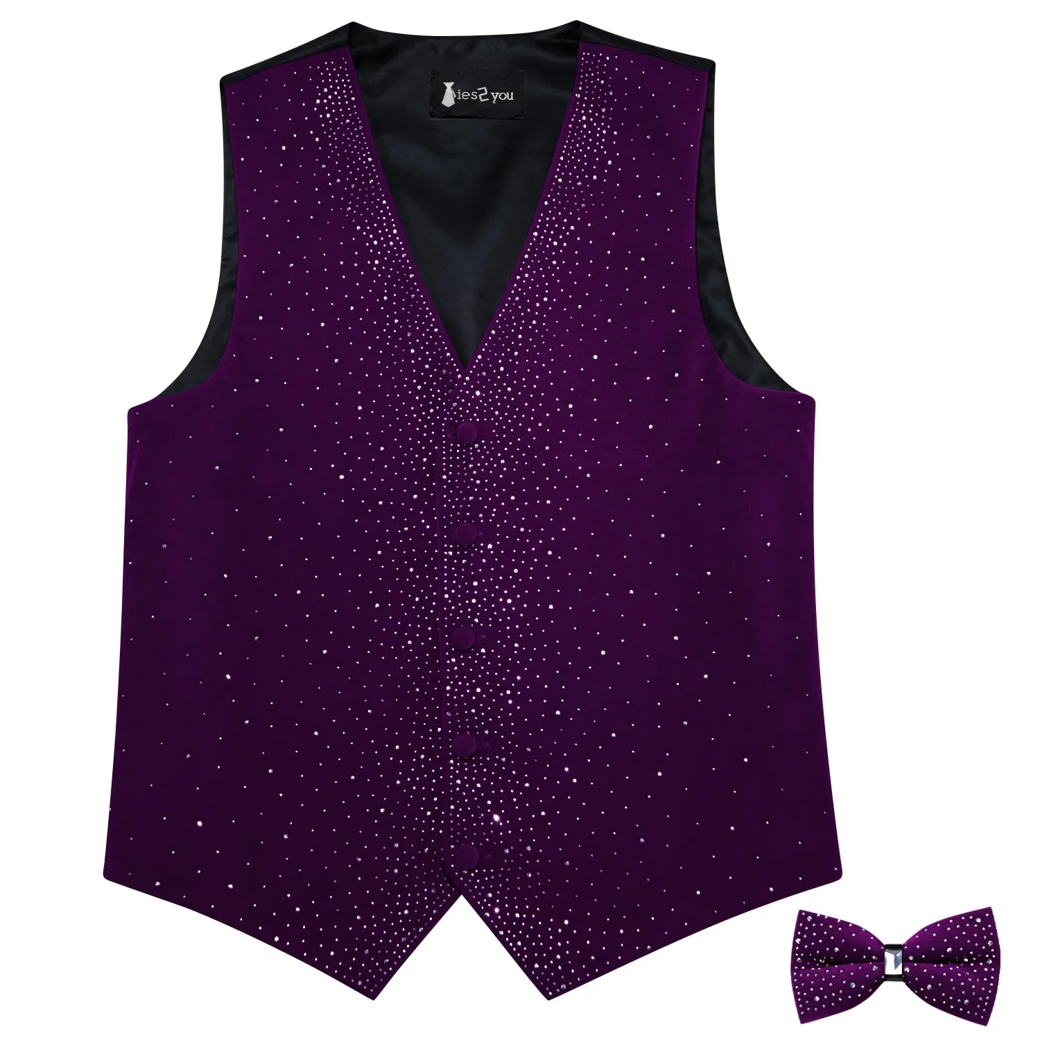 Tie2you Purple Rhinestone Solid Velvet V-Neck Mens Vest Bowtie Set sold by Ties2You product image thumbnail 4