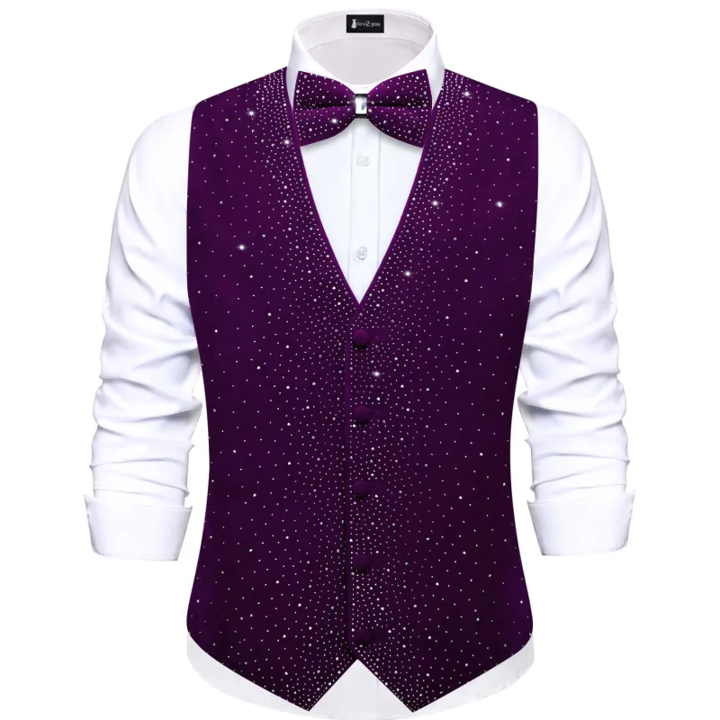 Tie2you Purple Rhinestone Solid Velvet V-Neck Mens Vest Bowtie Set sold by Ties2You