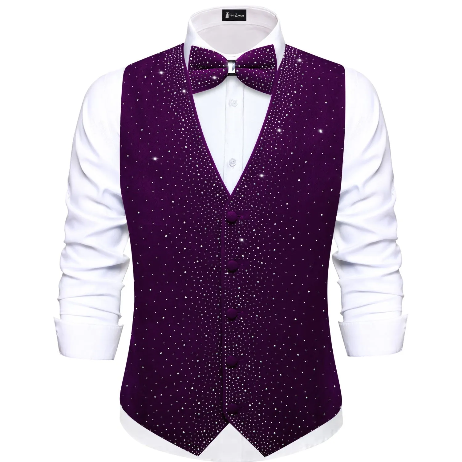 Tie2you Purple Rhinestone Solid Velvet V-Neck Mens Vest Bowtie Set sold by Ties2You