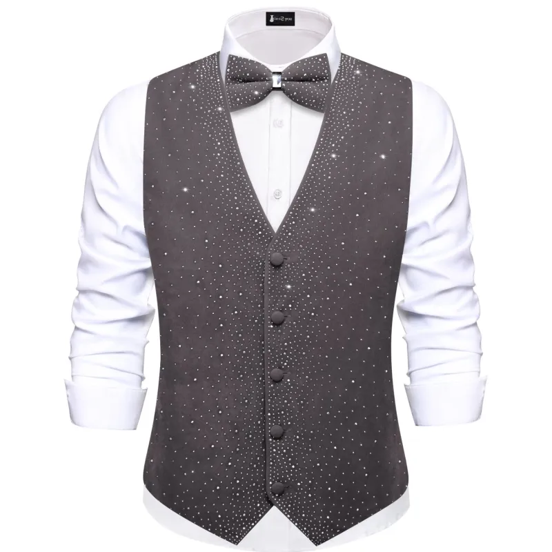 Tie2you Grey Rhinestone Solid Velvet V-Neck Mens Vest Bowtie Set sold by Ties2You
