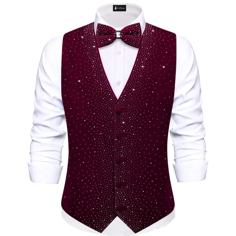Tie2you Burgundy Rhinestone Solid Velvet V-Neck Mens Vest Bowtie Set sold by Ties2You