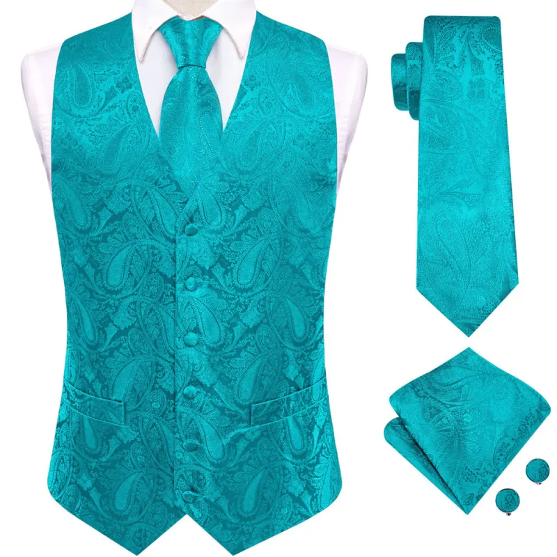 Ties2you Teal Blue Paisley Pattern V-Neck Silk Vest Necktie Set sold by Ties2You