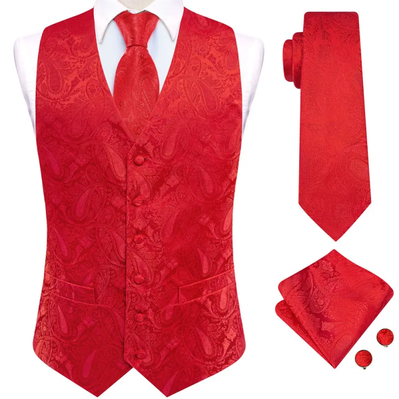 Ties2you Red Paisley Pattern V-Neck Silk Vest Necktie Set sold by Ties2You