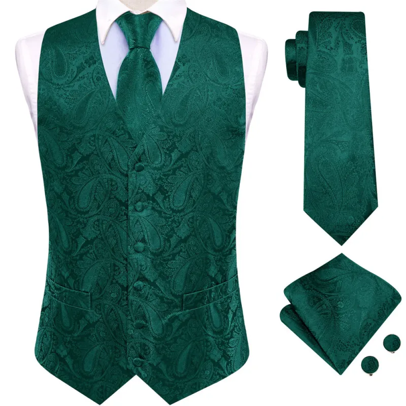 Ties2you Dark Green Paisley Pattern V-Neck Silk Vest Necktie Set sold by Ties2You