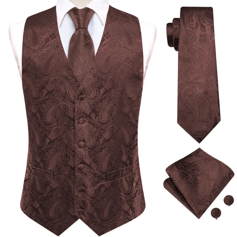 Ties2you Brown Paisley Pattern V-Neck Silk Vest Necktie Set sold by Ties2You