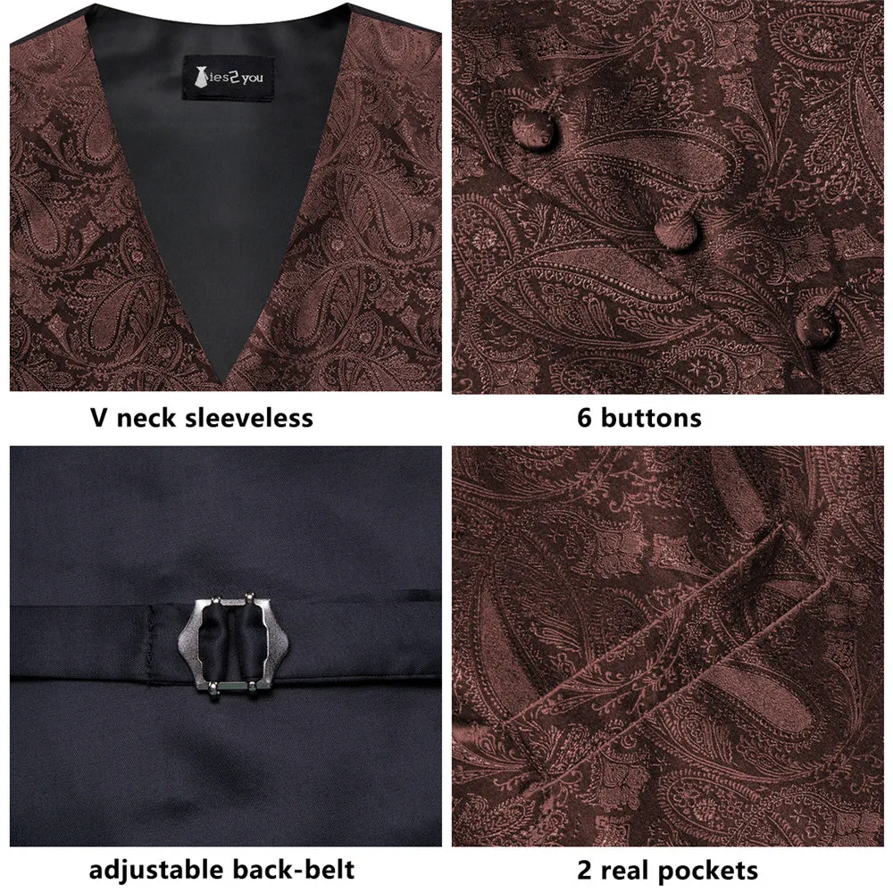 Ties2you Brown Paisley Pattern V-Neck Silk Vest Necktie Set sold by Ties2You product image thumbnail 3