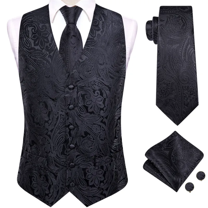 Ties2you Black Floral Pattern V-Neck Silk Vest Necktie Set sold by Ties2You