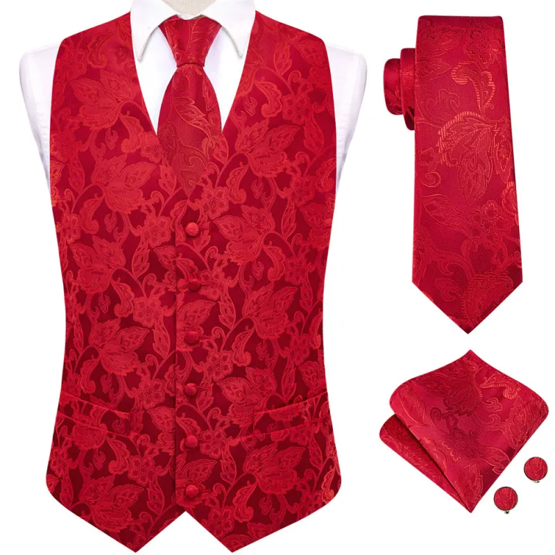 Ties2you Red Floral Pattern V-Neck Silk Vest Necktie Set sold by Ties2You