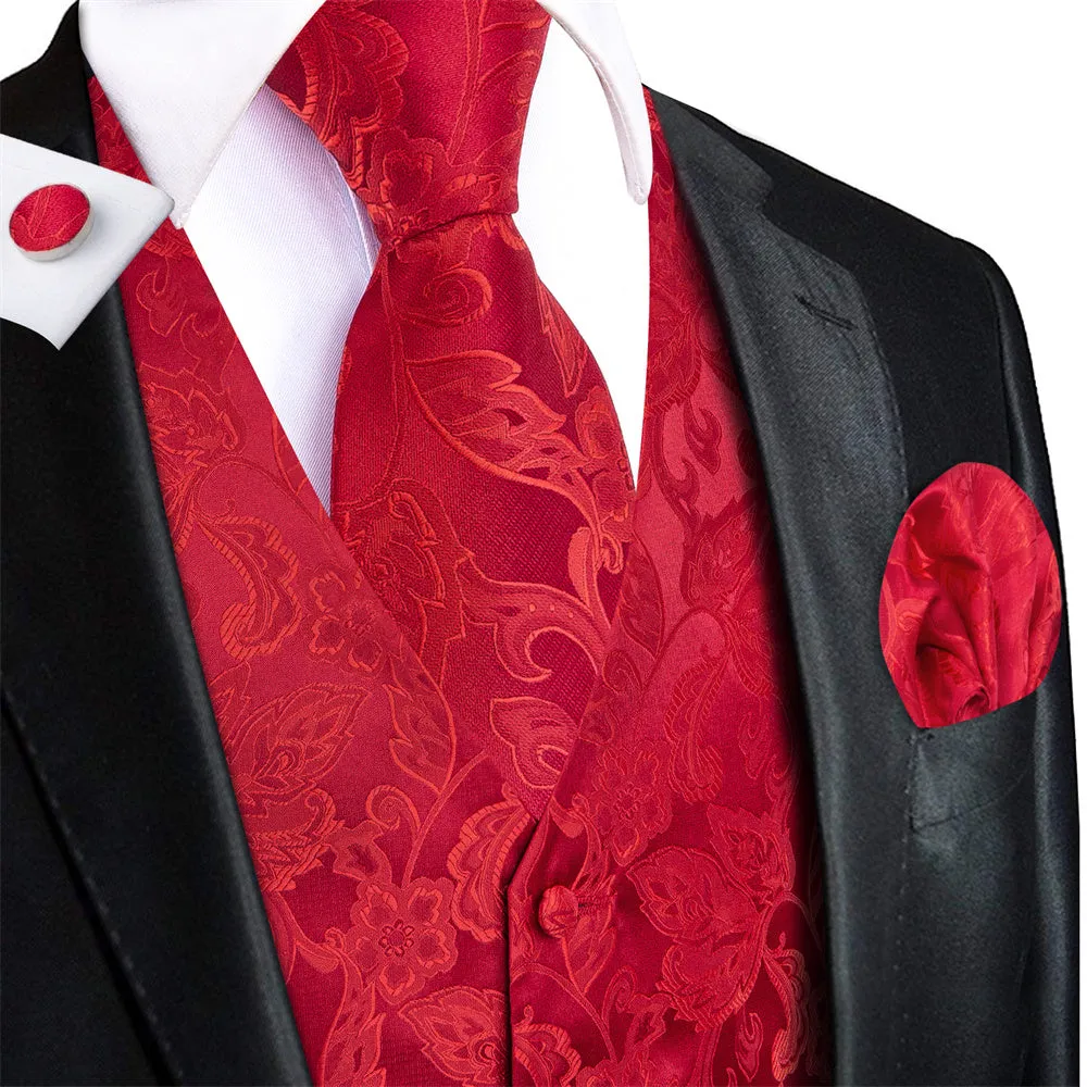 Ties2you Red Floral Pattern V-Neck Silk Vest Necktie Set sold by Ties2You product image thumbnail 2