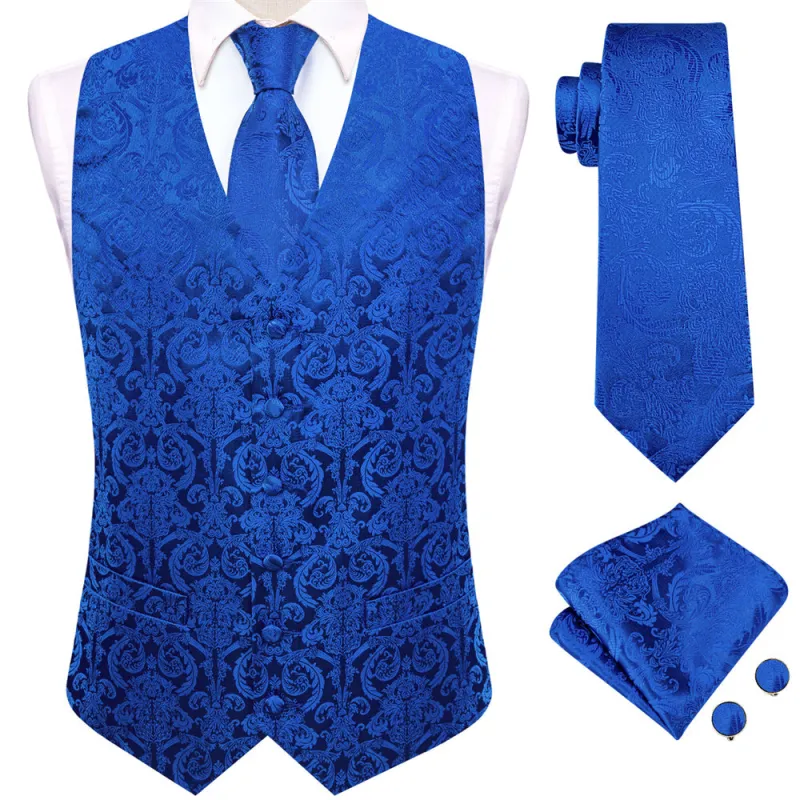 Ties2you Royal Blue Paisley Pattern V-Neck Silk Vest Necktie Set sold by Ties2You