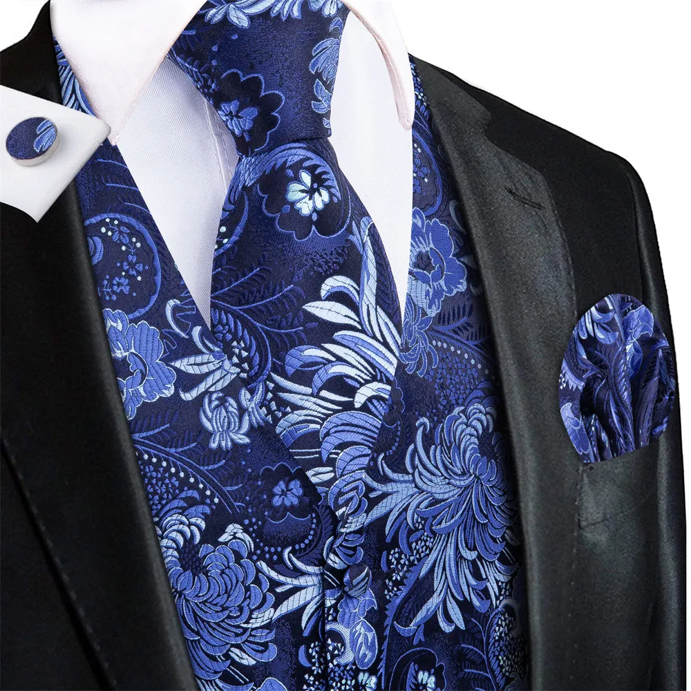 Ties2you Blue Floral Pattern V-Neck Silk Vest Necktie Set sold by Ties2You product image thumbnail 2