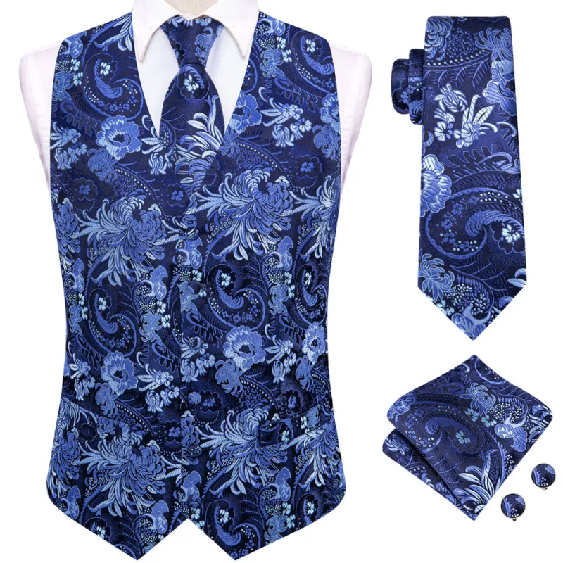 Ties2you Blue Floral Pattern V-Neck Silk Vest Necktie Set made by Ties2You