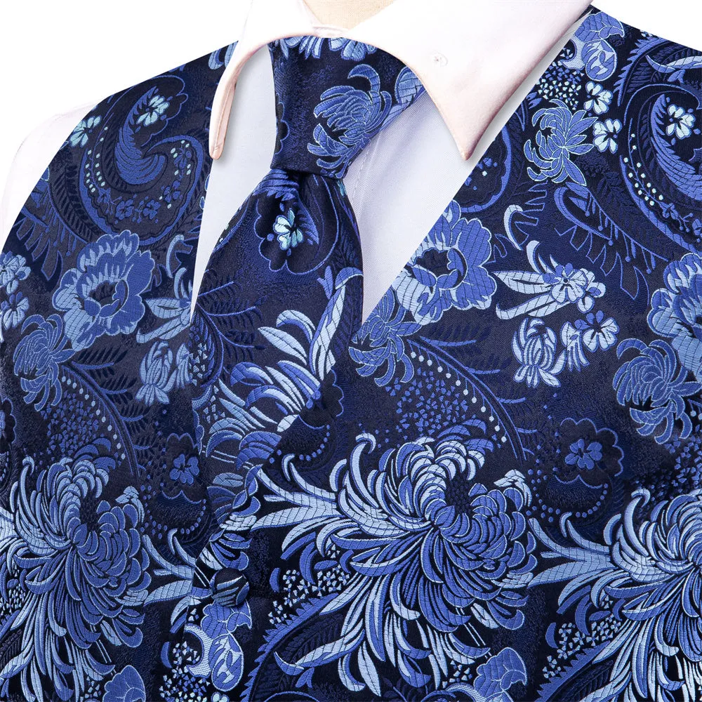 Ties2you Blue Floral Pattern V-Neck Silk Vest Necktie Set sold by Ties2You product image thumbnail 3