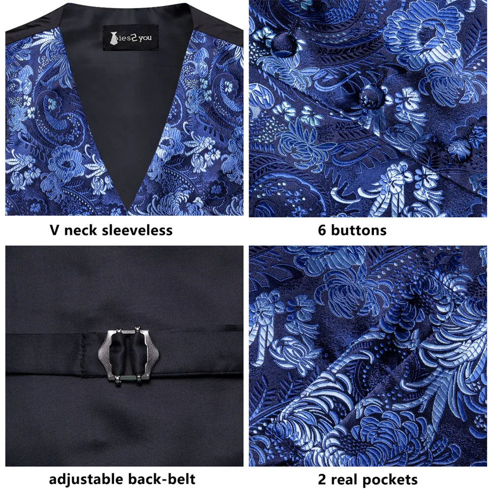Ties2you Blue Floral Pattern V-Neck Silk Vest Necktie Set sold by Ties2You product image thumbnail 4
