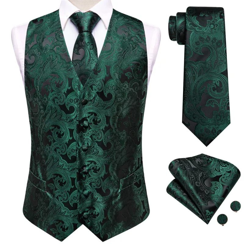 Ties2you Green Paisley Pattern V-Neck Silk Vest Necktie Set sold by Ties2You