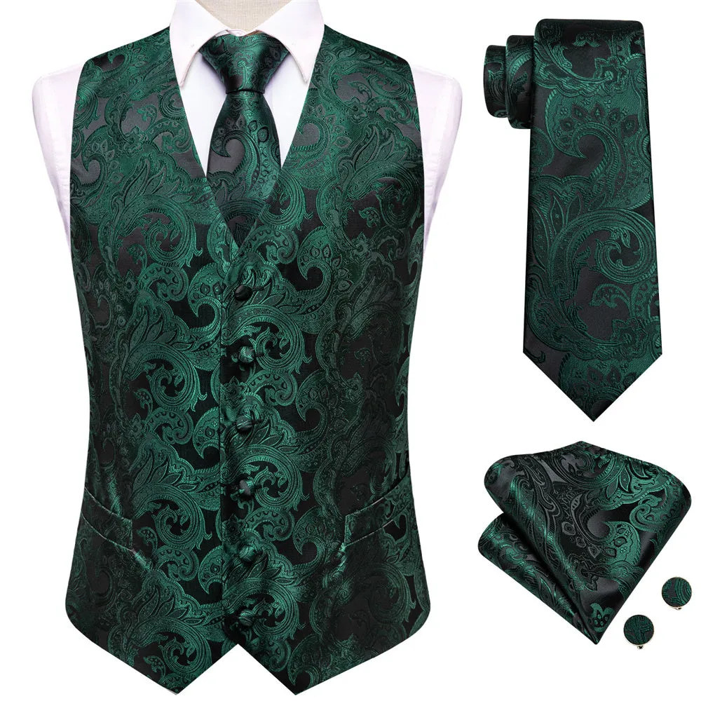Ties2you Green Paisley Pattern V-Neck Silk Vest Necktie Set sold by Ties2You