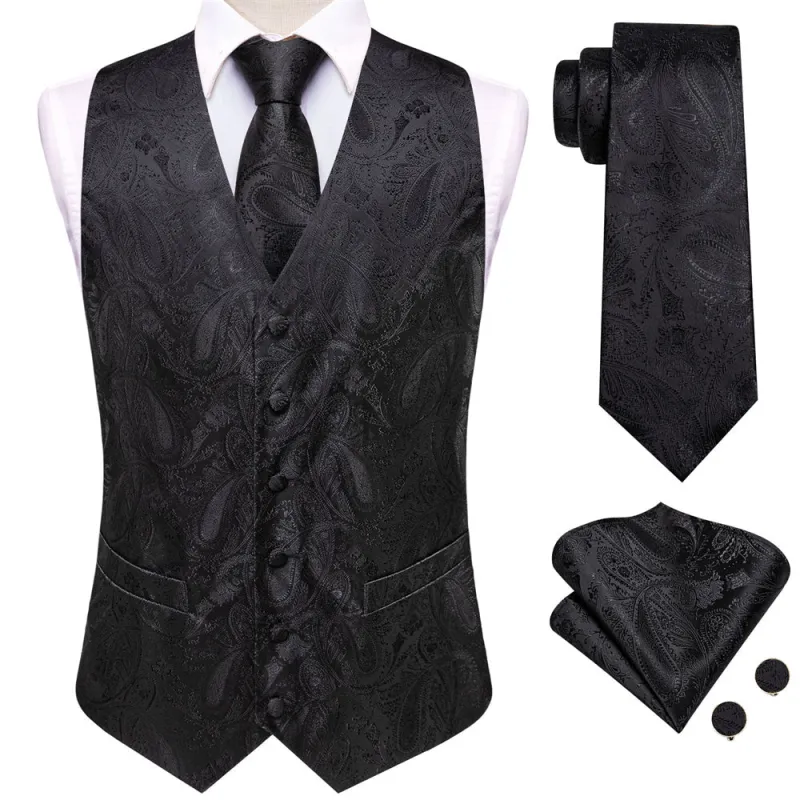 Ties2yo Black Paisley Pattern V-Neck Silk Vest Necktie Set sold by Ties2You